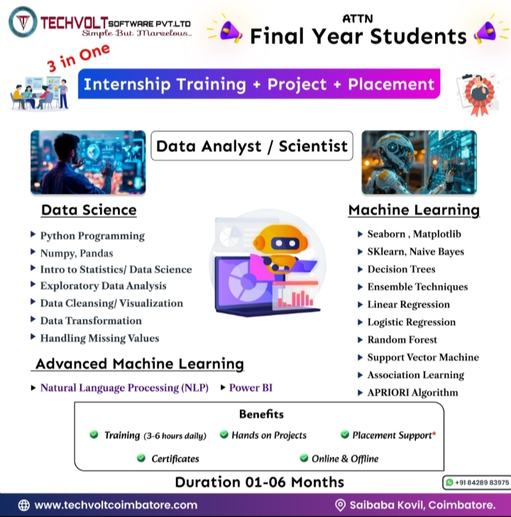 Students | Techvolt Placement | ML-DS | MBA Intern | AI ML | DS Training | Coimbatore Intern